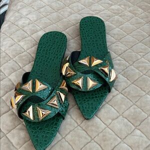 Green Crocodile-Embossed Slide Sandals with Gold Accents